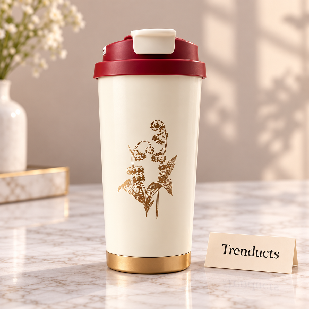 Floral Vacuum Cup - 520 ml Stainless Steel Flip-Top Lid