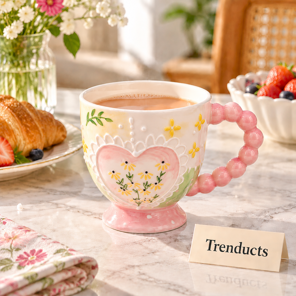 Floral Ceramic Mug with Beaded Handle - 5 Designs