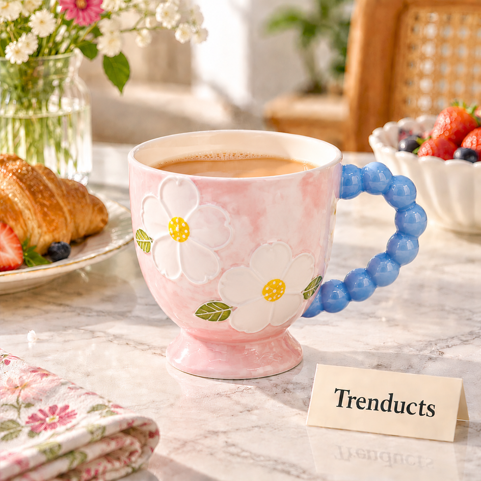 Floral Ceramic Mug with Beaded Handle - 5 Designs
