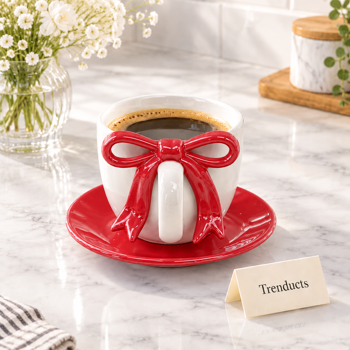 3D Bow Handle Ceramic Mug with Optional Saucer