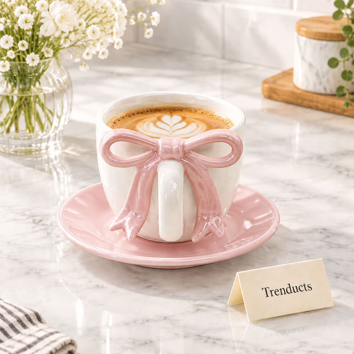 3D Bow Handle Ceramic Mug with Optional Saucer