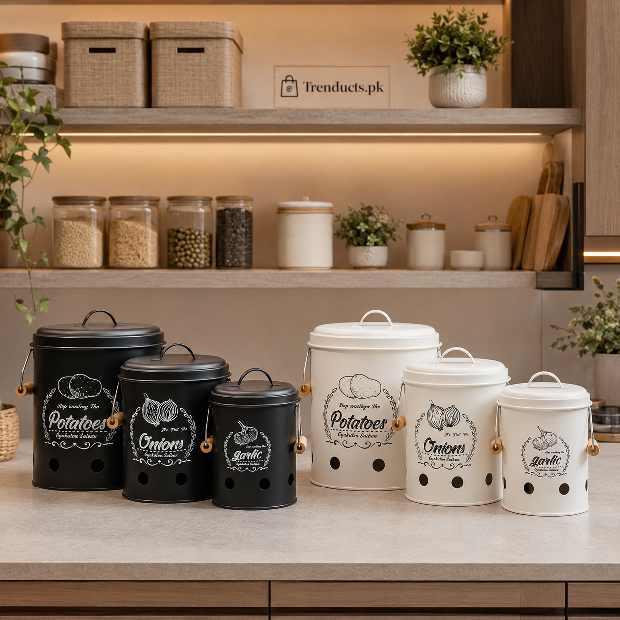 Round Potato Onion & Garlic Canister Set – 3Pcs