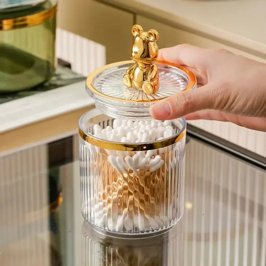Cute Cotton Swab Storage Box with Gold Bear Lid