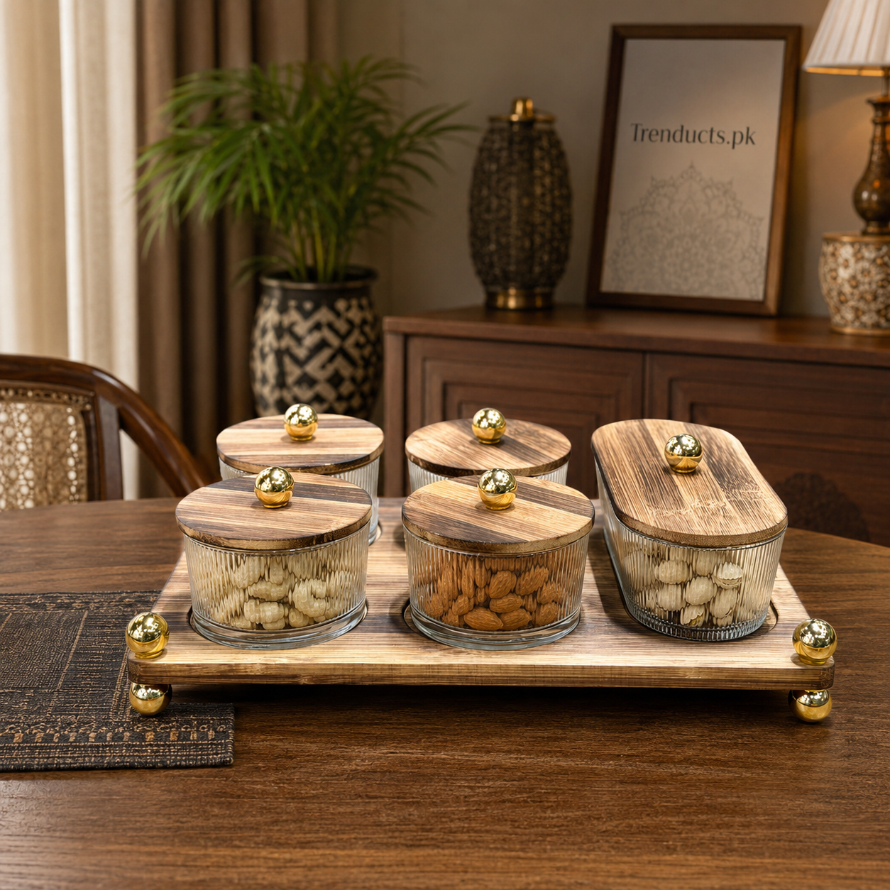 Walnut-Finish 5-Container Dry Fruit Serving Stand