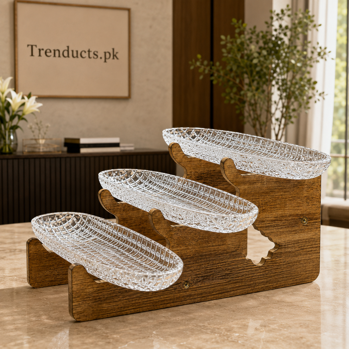 Walnut-Finish 3-Tier Clear Tray Serving Stand
