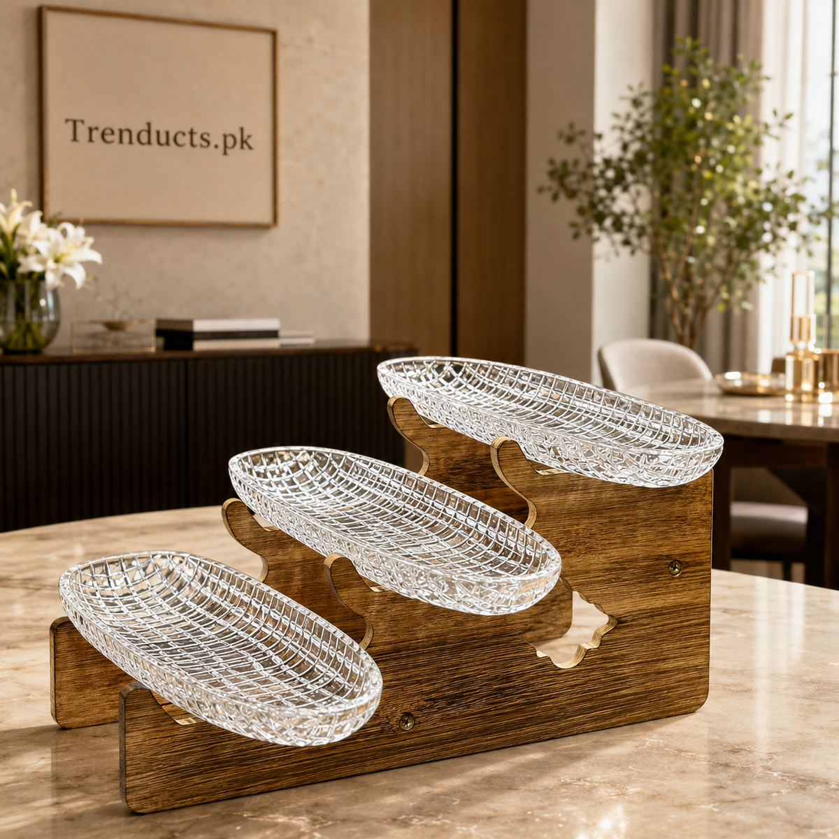 Walnut-Finish 3-Tier Clear Tray Serving Stand