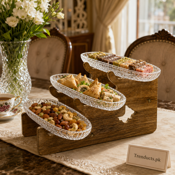 Three-tier serving stand displaying dry fruit snacks and sweets