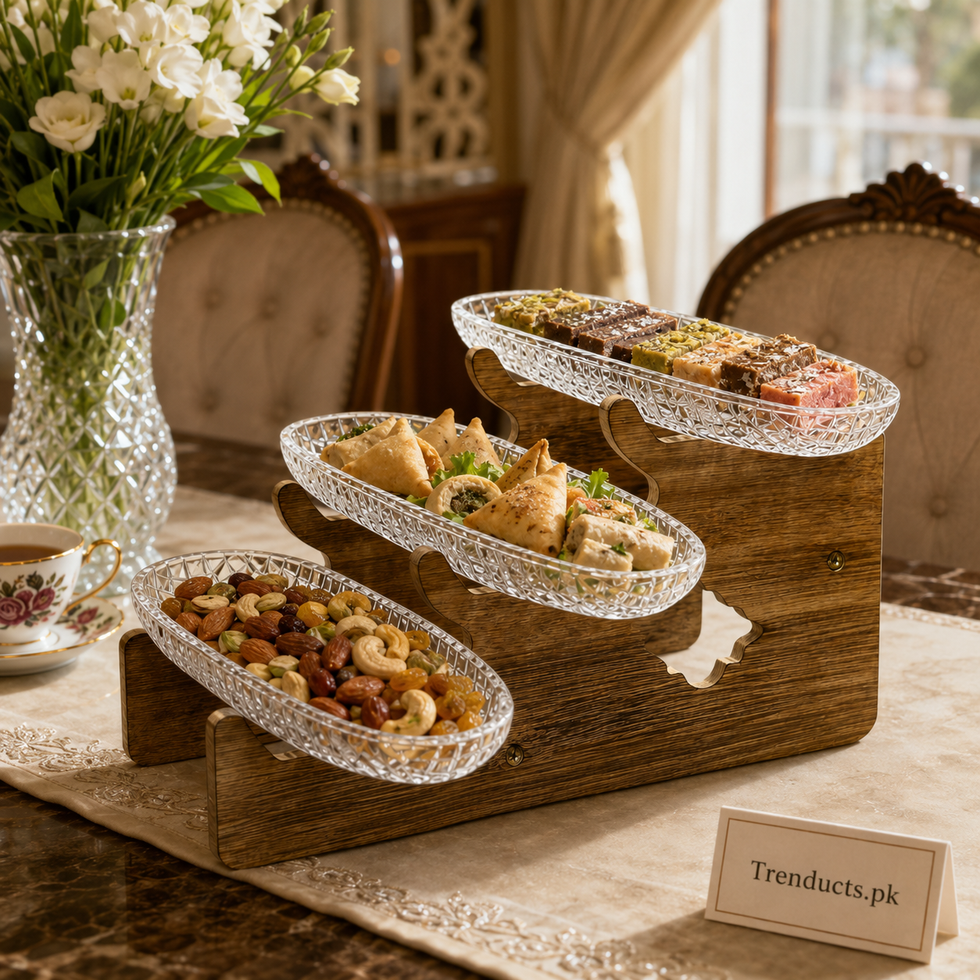 Walnut-Finish 3-Tier Clear Tray Serving Stand