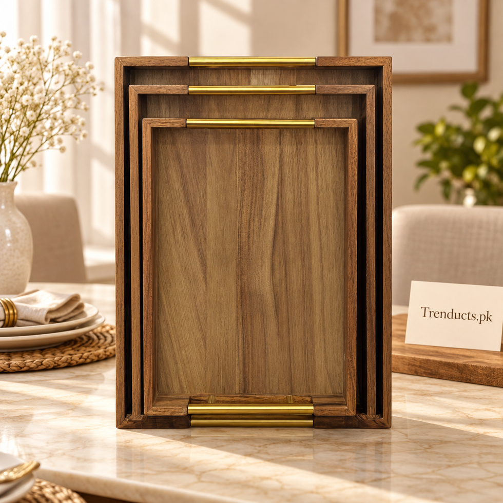 Walnut-Finish Tray Set with Gold Handles – 3 Pieces