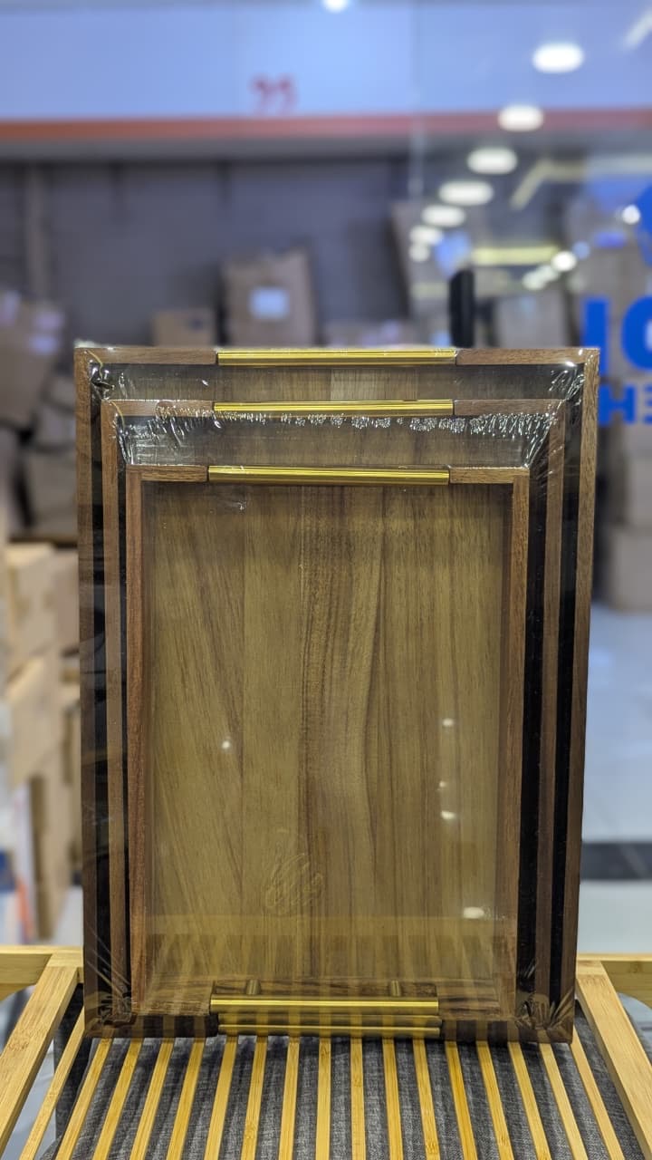 Walnut-Finish Tray Set with Gold Handles – 3 Pieces