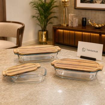 Walnut wood lid glass serving dishes in three sizes