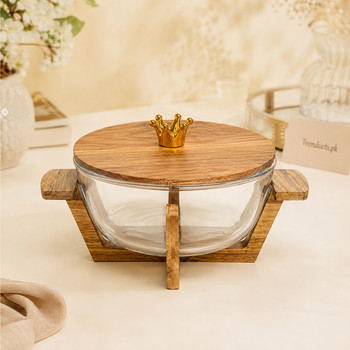 Walnut wood glass salad bowl with lid and stand