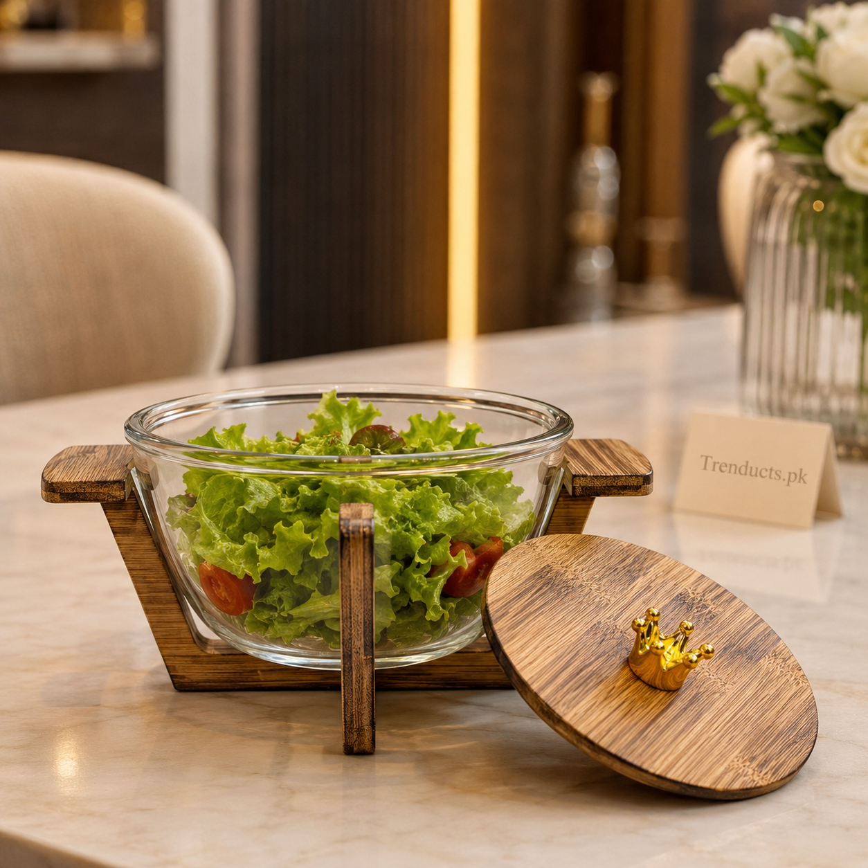 Walnut Wood Glass Salad Bowl with Lid & Stand