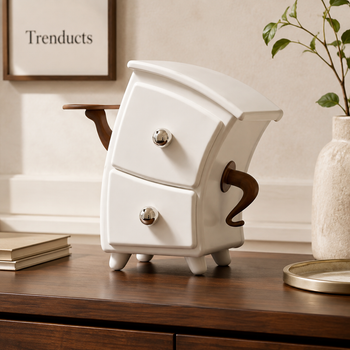 Whimsical curved two-drawer white table organizer with Trenducts branding