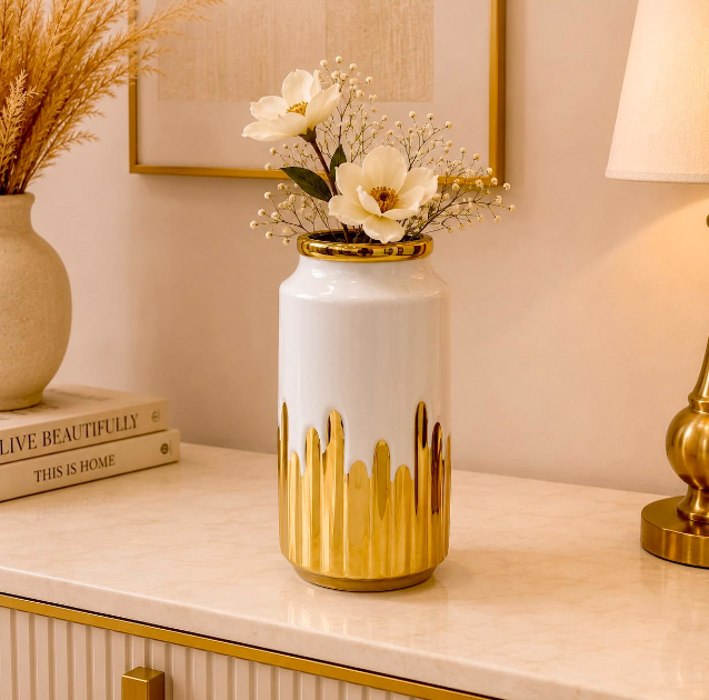 White Ceramic Vase with Gold Drip Finish