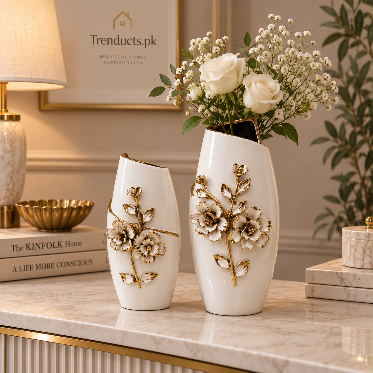 White & Gold Floral Ceramic Vase
