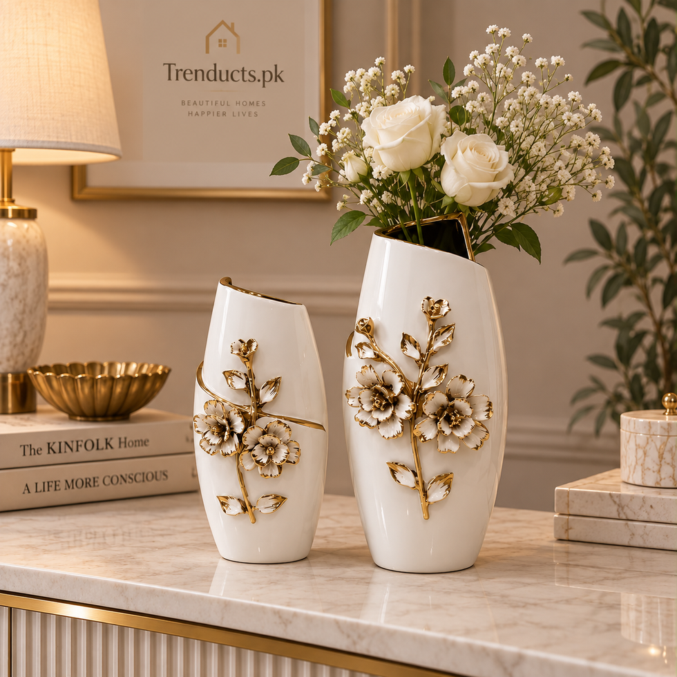 White & Gold Floral Ceramic Vase