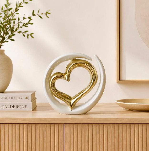 White & Gold Heart Ceramic Decor Sculpture