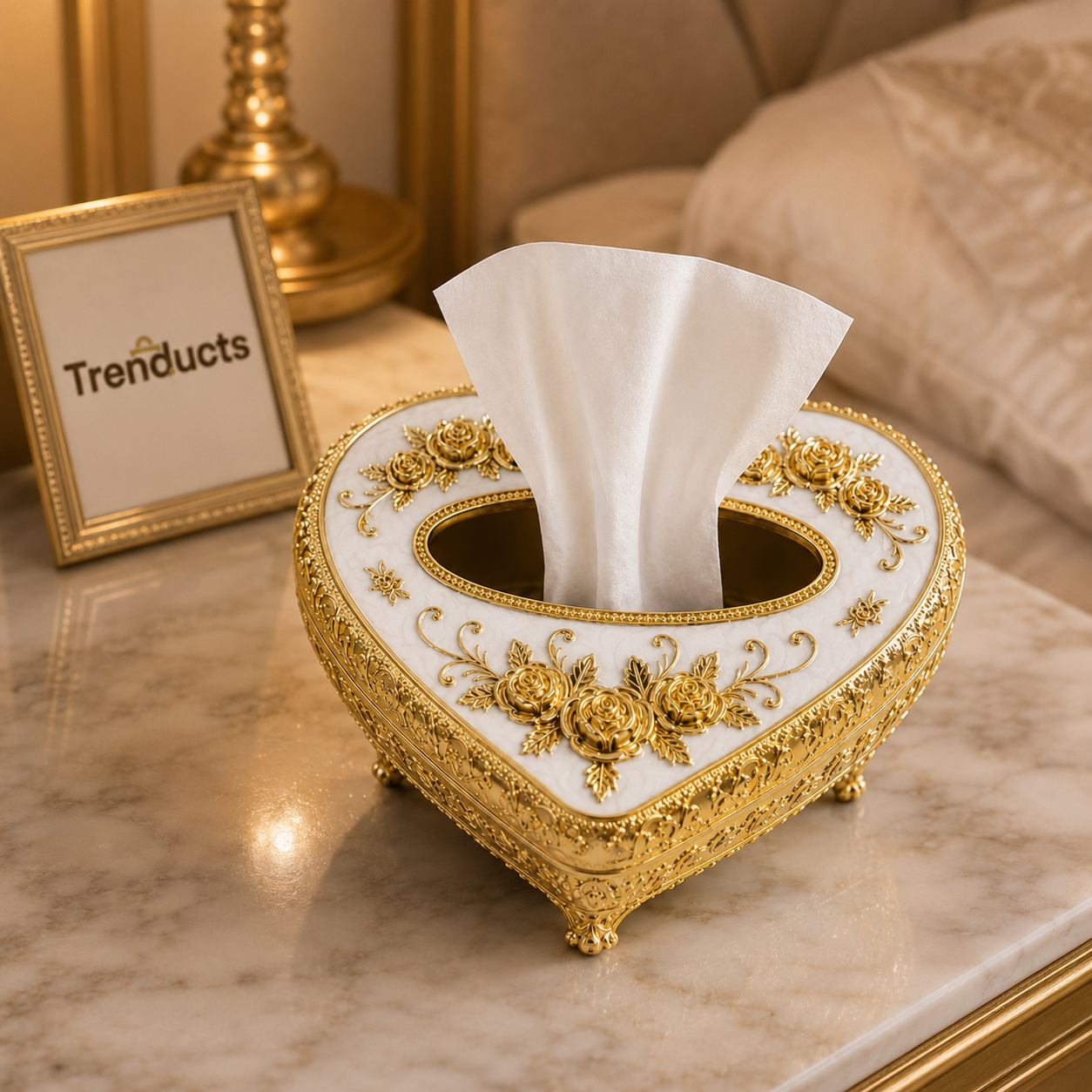 White & Gold Heart-Shaped Floral Tissue Box