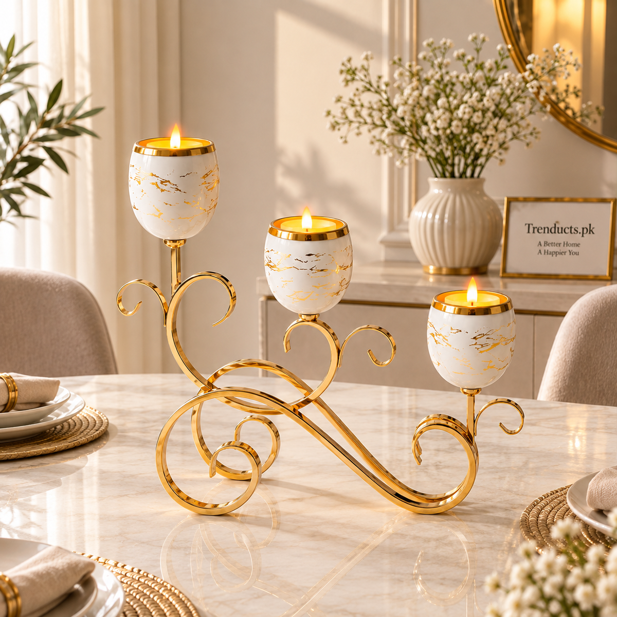 Triple Marble Cup Candle Stand with Gold Scroll Base
