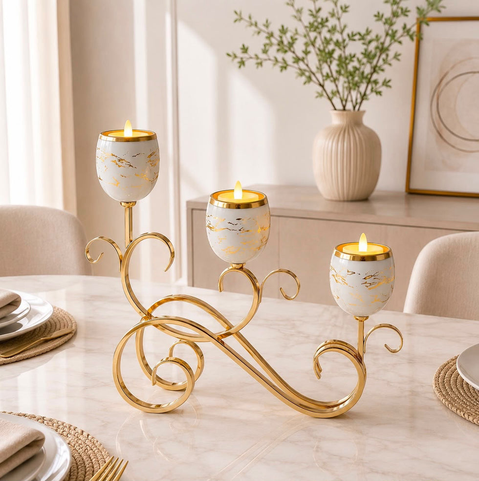 Triple Marble Cup Candle Stand with Gold Scroll Base