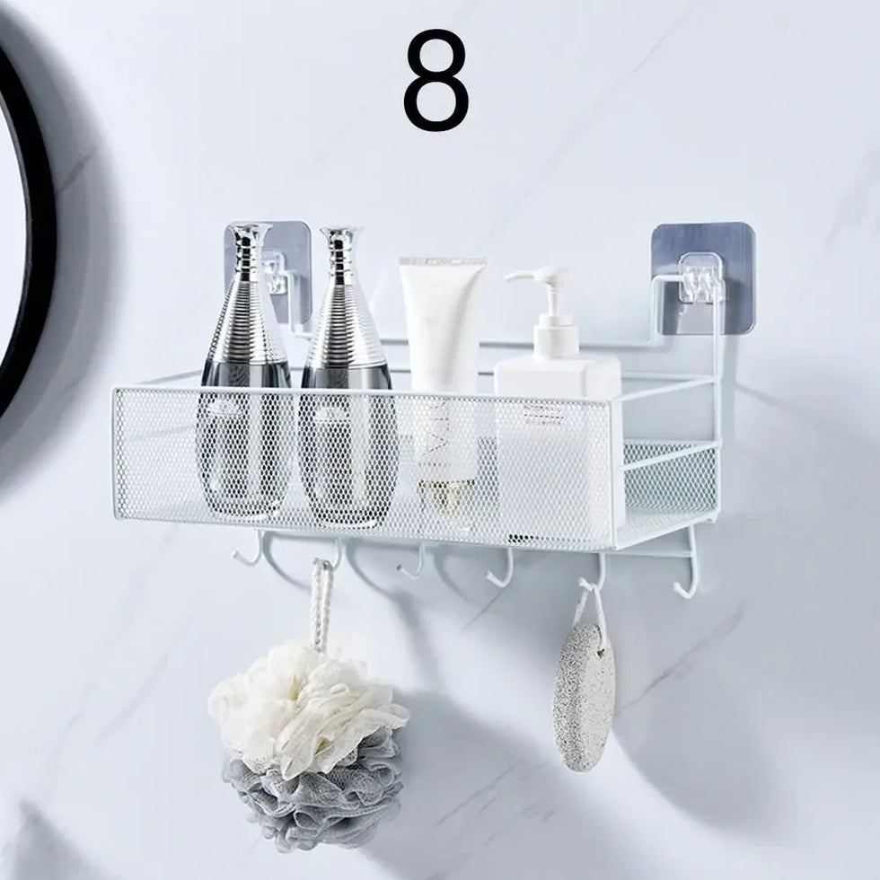 Wall Mounted Bathroom Shelf with Hooks - Black Mesh Organizer