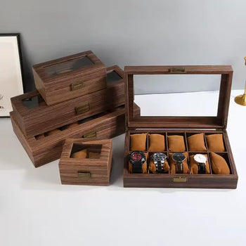 Wood Grain Leather Watch Box with Glass Lid - Clarify.pk