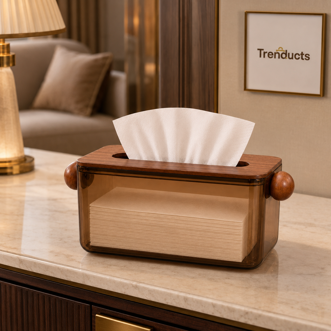 Transparent Tissue Box with Wood-Look Handles