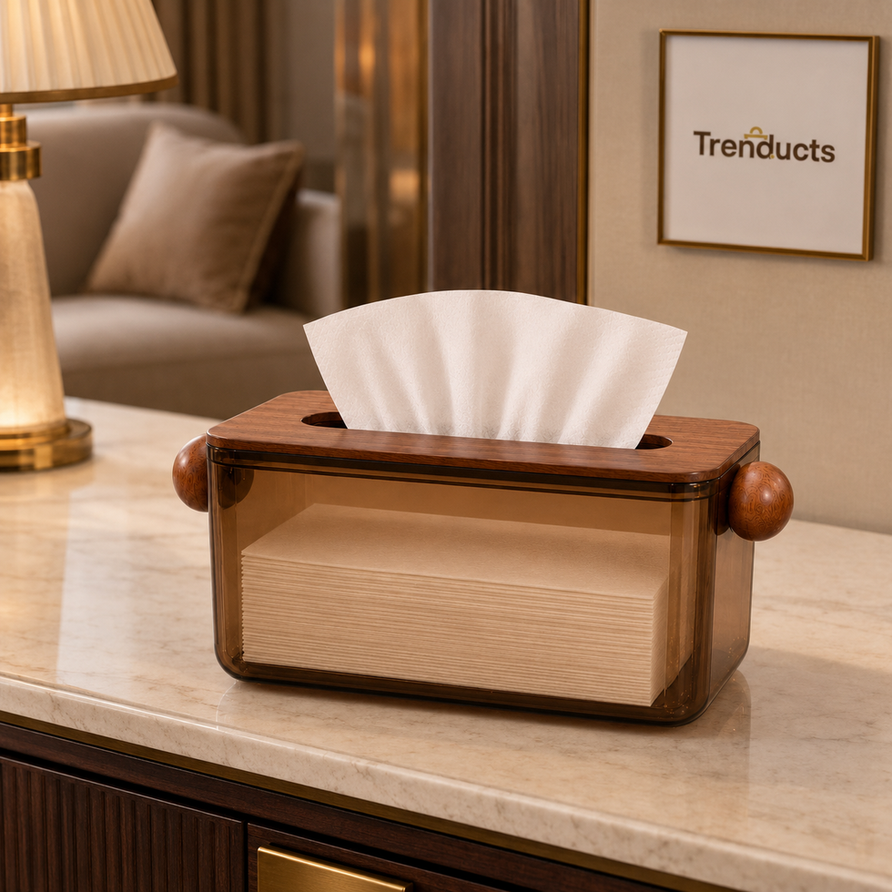 Transparent Tissue Box with Wood-Look Handles