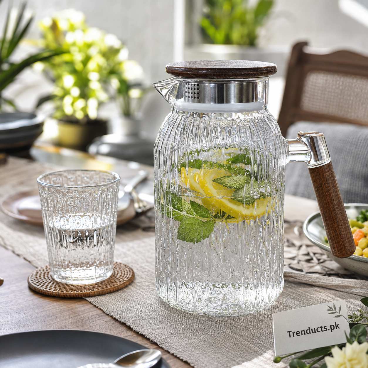 1.5L Wooden-Lid Textured Glass Jug
