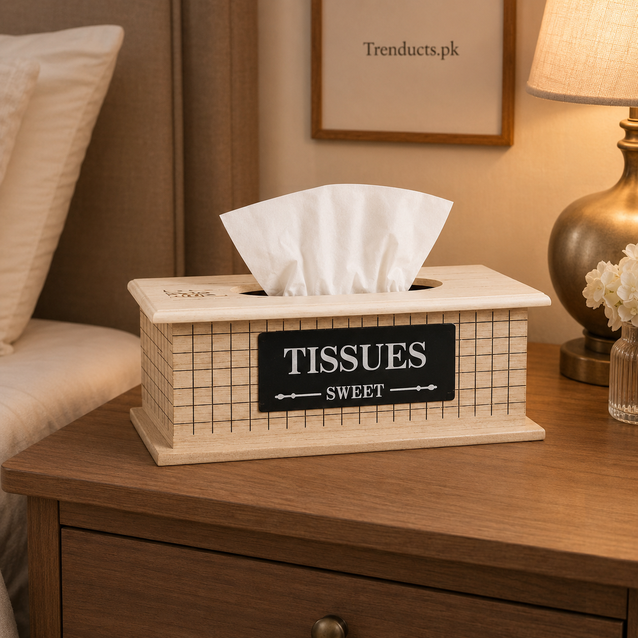 Wooden Tissue Box with Modern Grid Pattern