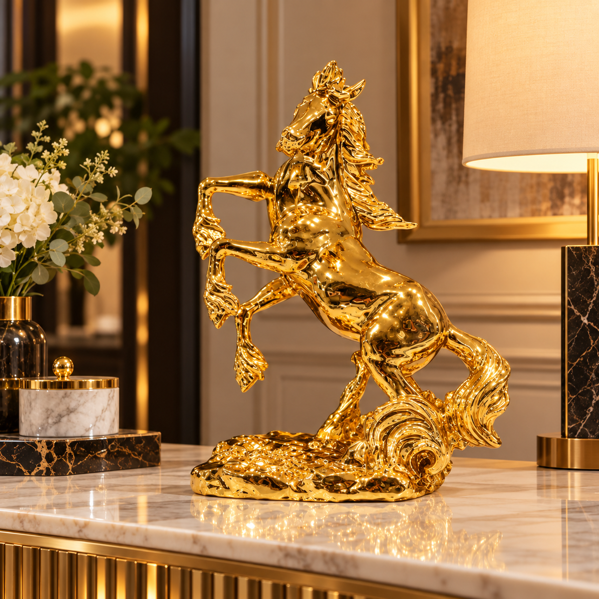 Golden Horse on Rock Decorative Figurine
