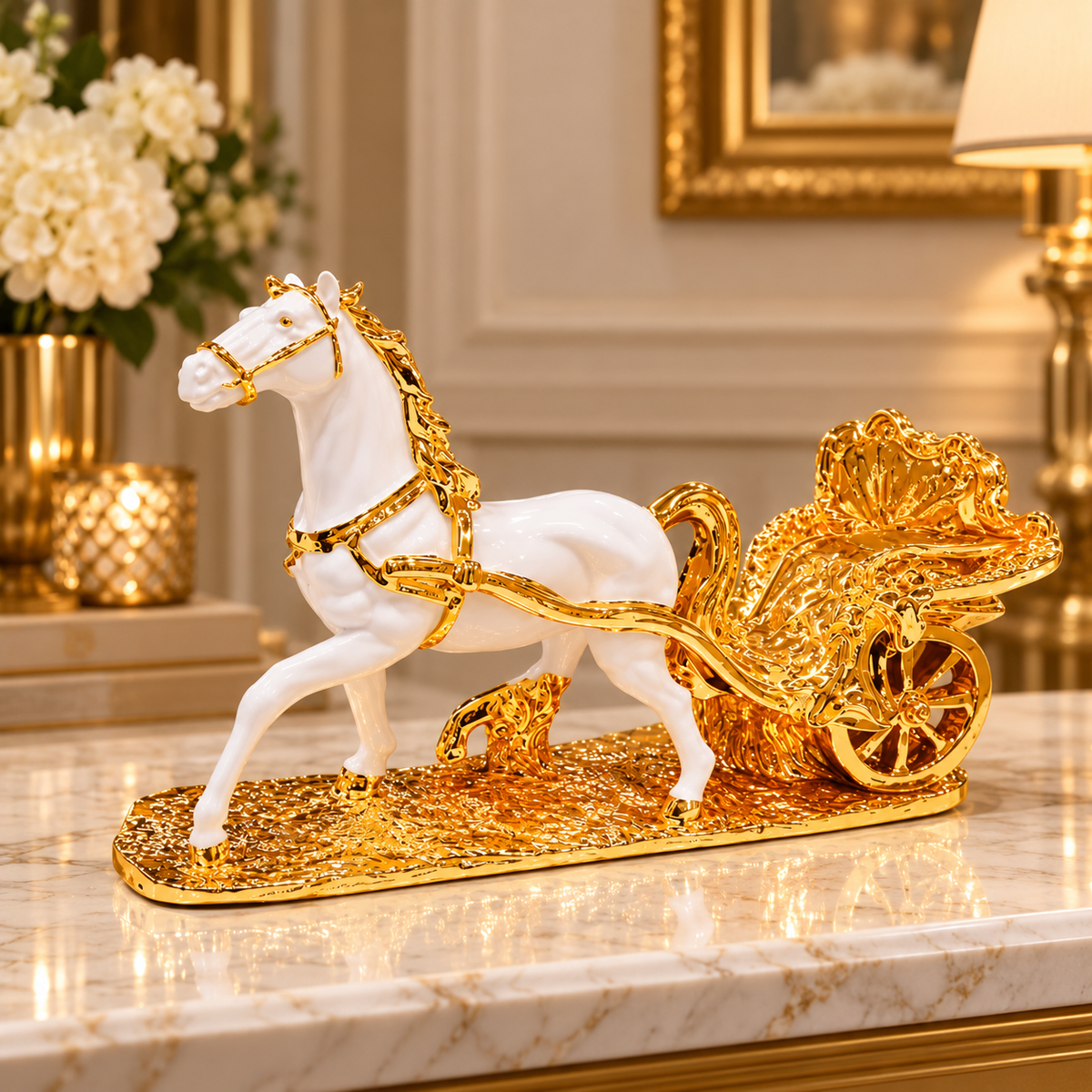 White & Gold Horse Carriage Showpiece