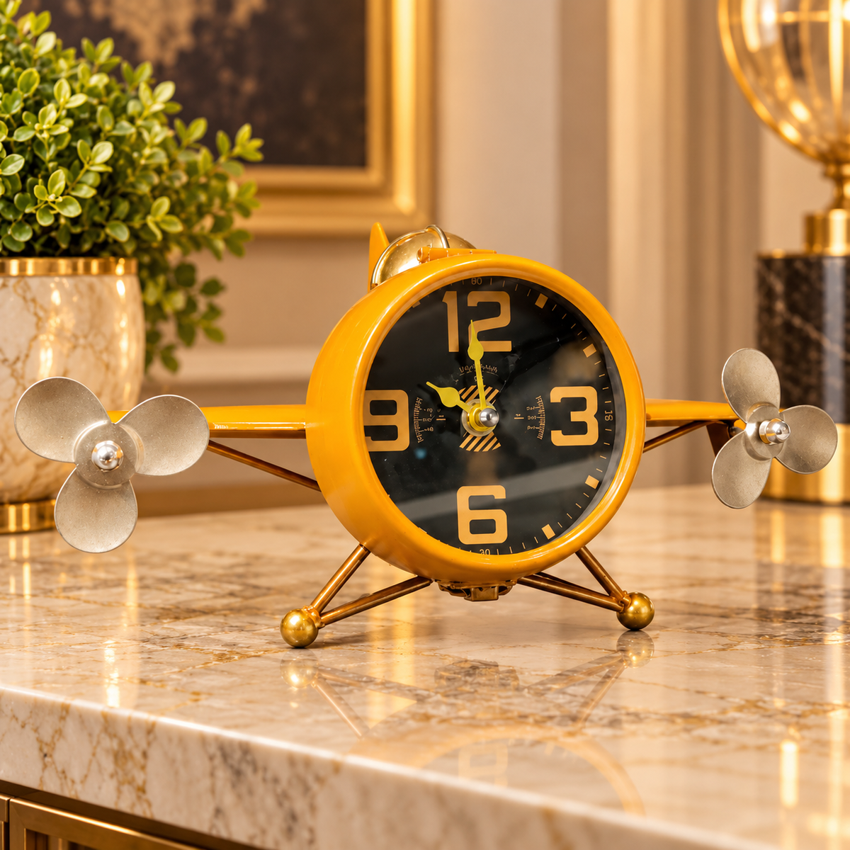 Yellow Airplane Table Clock for Vintage Desk Decor