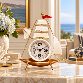 Luxury lifestyle image of sailboat metal nautical table clock
