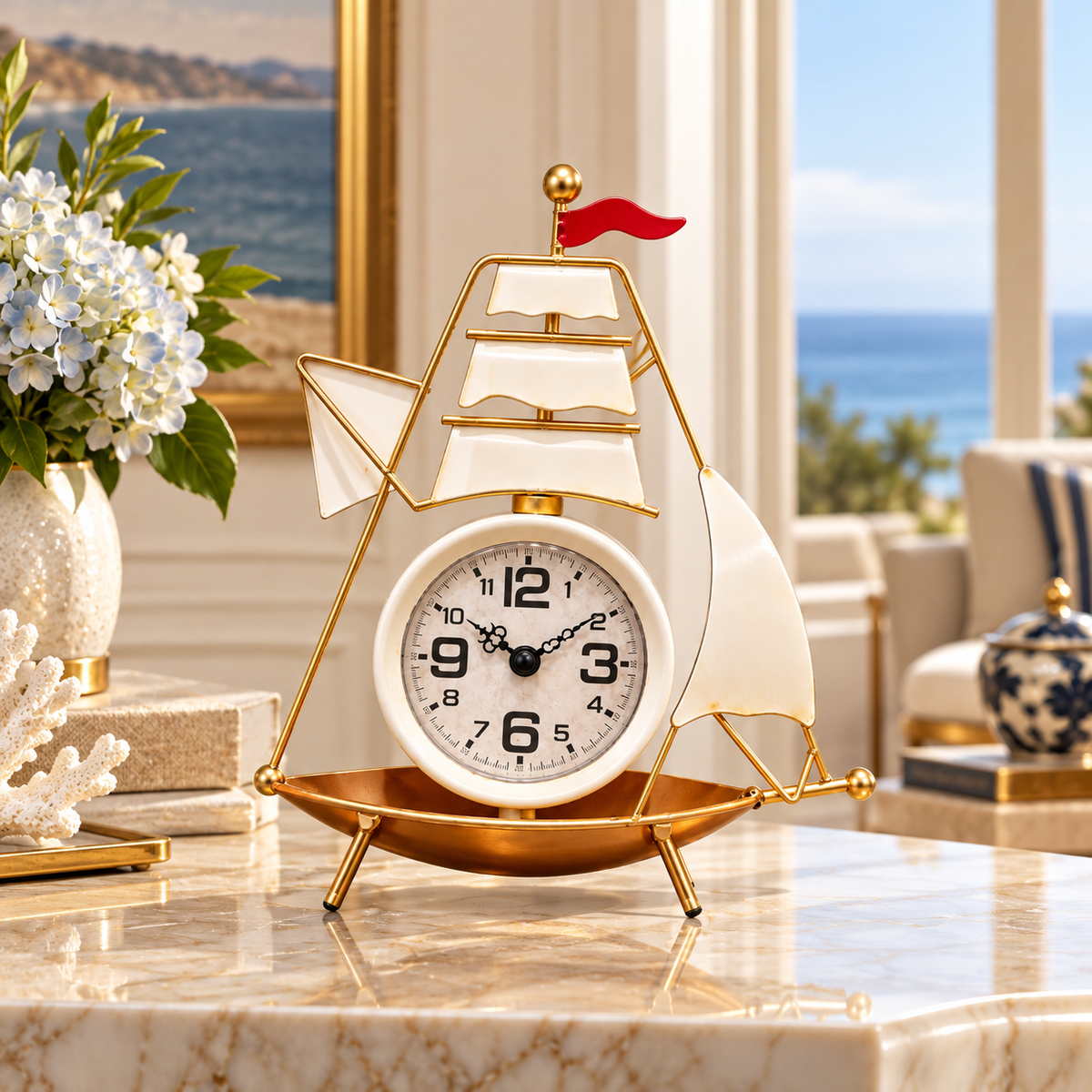 Sailboat Metal Table Clock for Nautical Home Decor