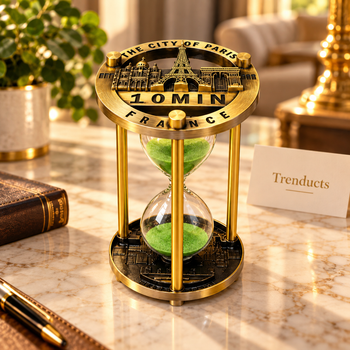 Luxury lifestyle image of 10 minute Eiffel Tower green sand hourglass