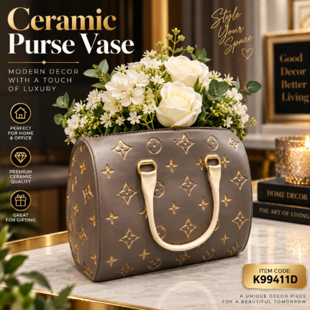 Ceramic Handbag Flower Vase for Table & Shelf Decor