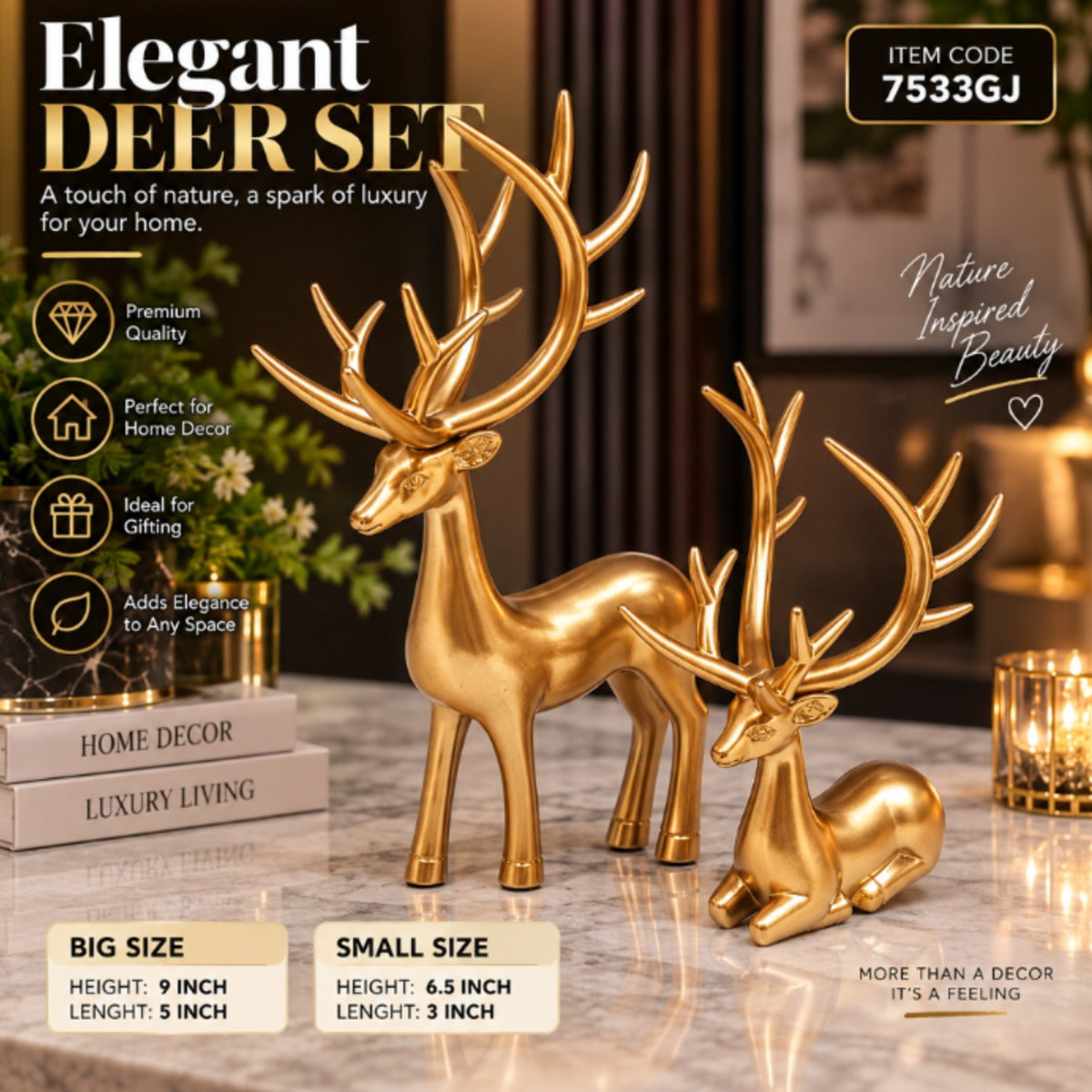 Golden Deer Decorative Pair for Living Room Decor