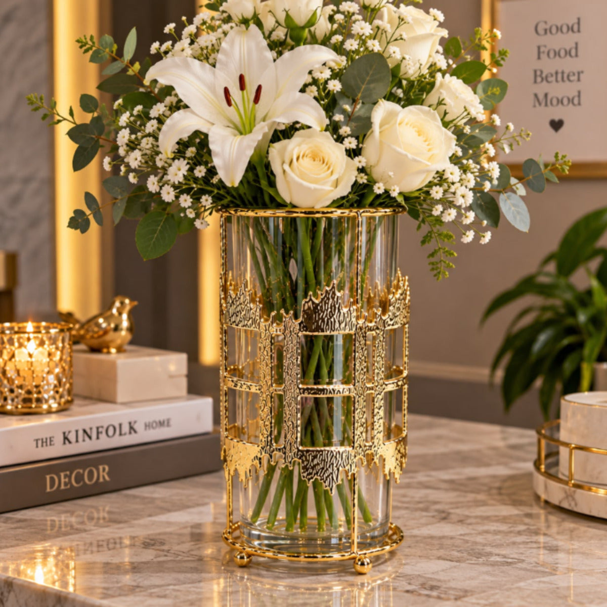 Crystal Cut Golden Glass Flower Vase for Home Decor