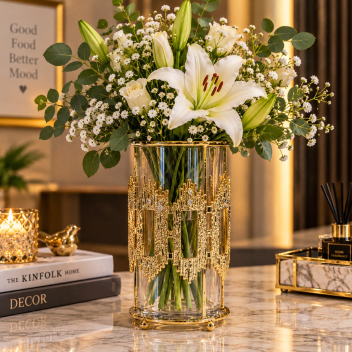 Leaf Pattern Golden Glass Flower Vase for Home Decor