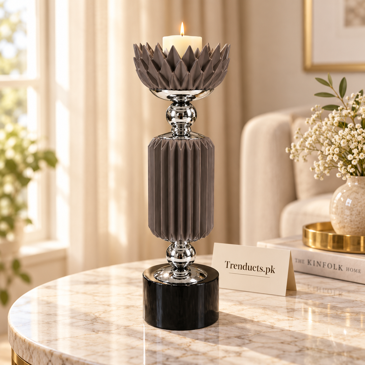 Gunmetal Grey Crown-Top Luxury Candle Stand