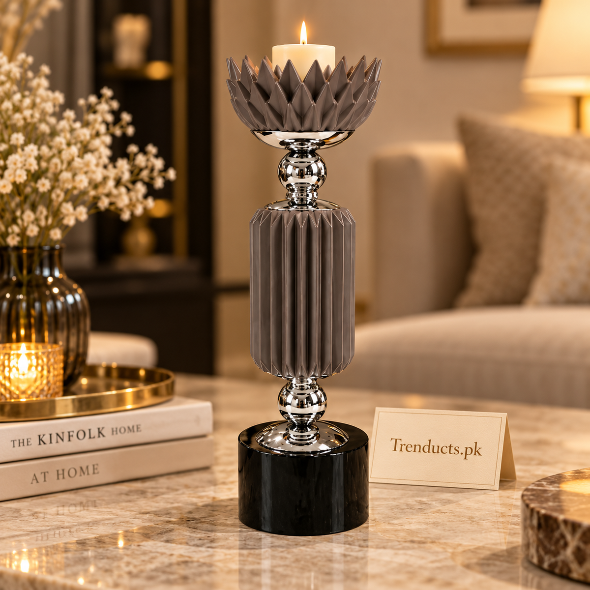 Gunmetal Grey Crown-Top Luxury Candle Stand