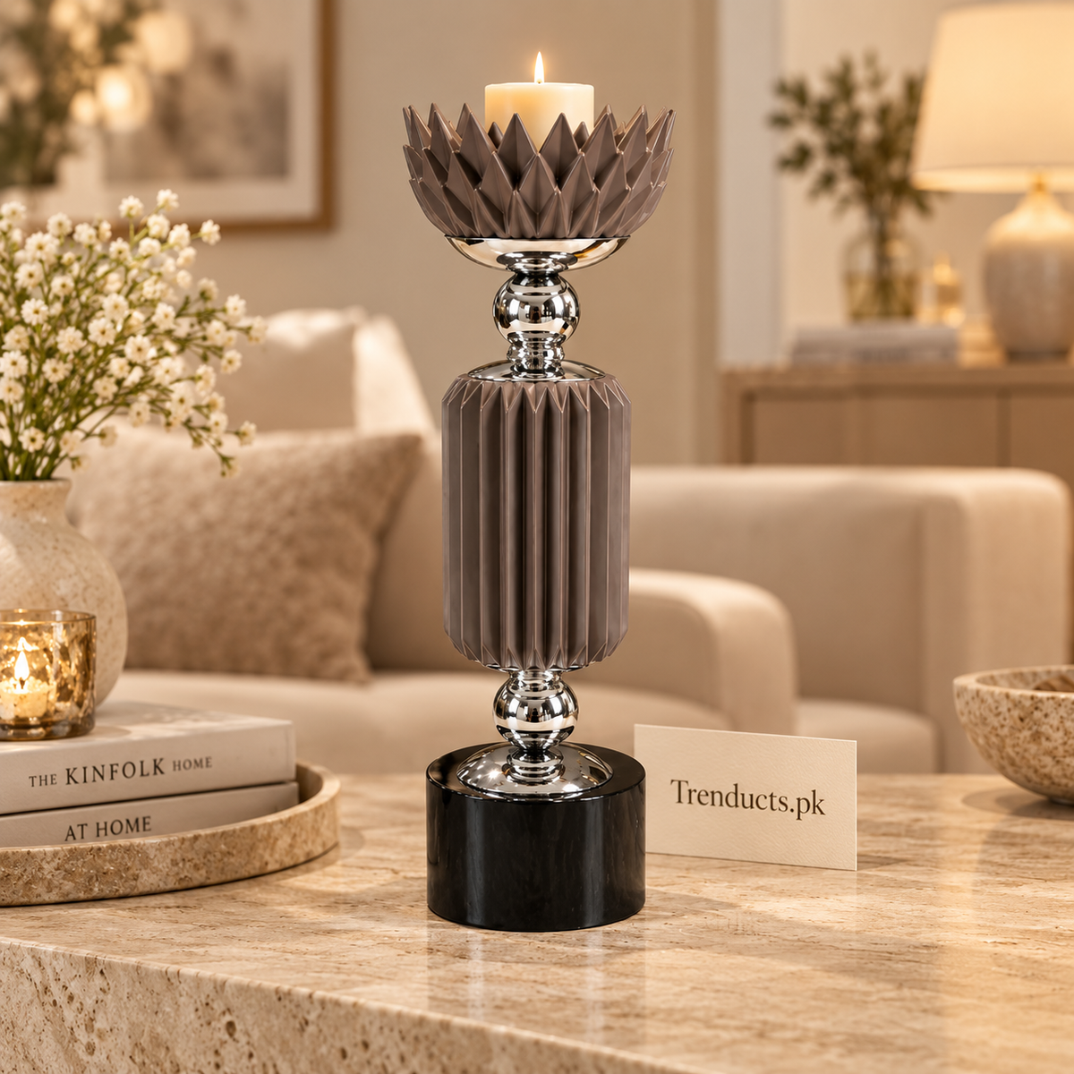 Gunmetal Grey Crown-Top Luxury Candle Stand