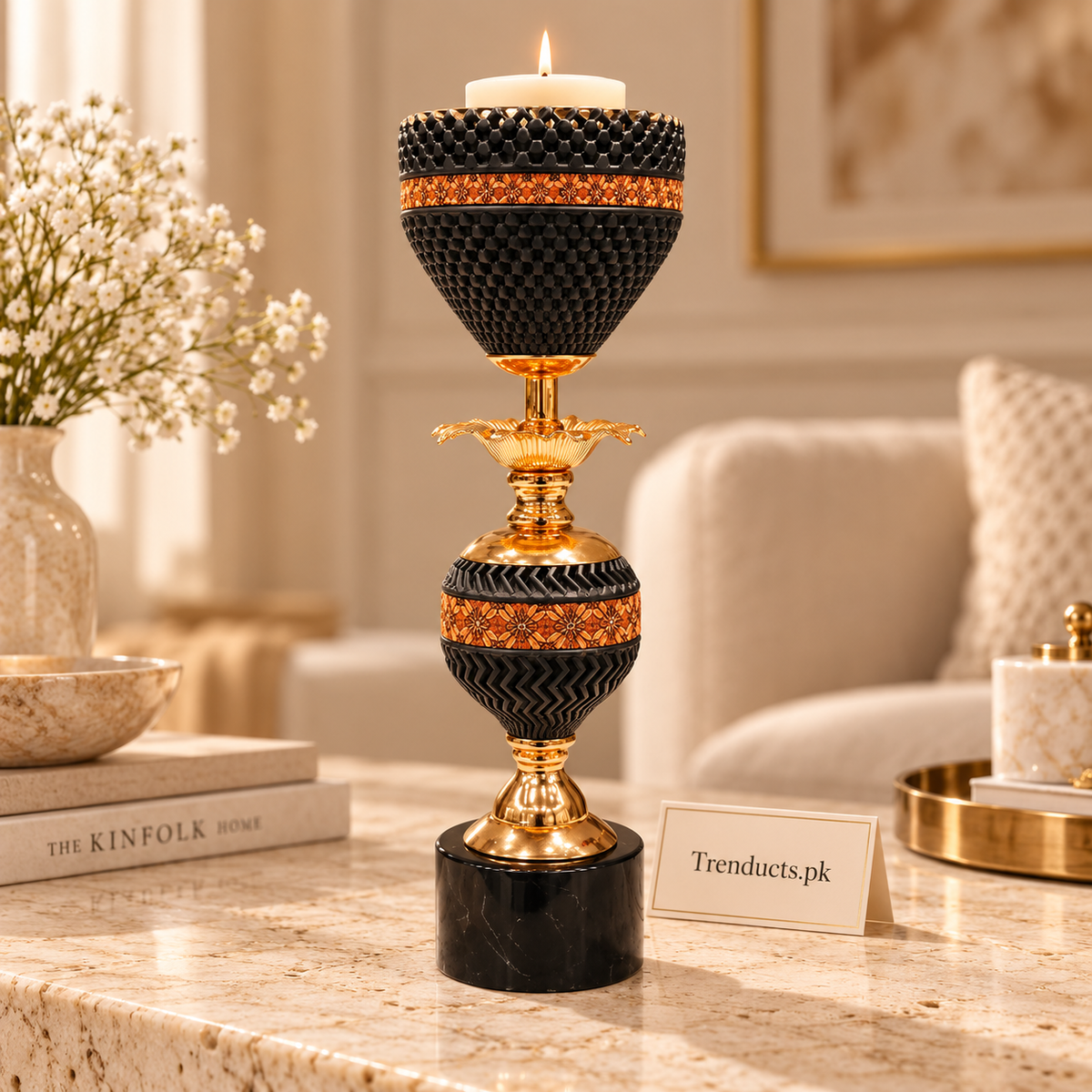 Black & Amber Beaded Luxury Candle Stand