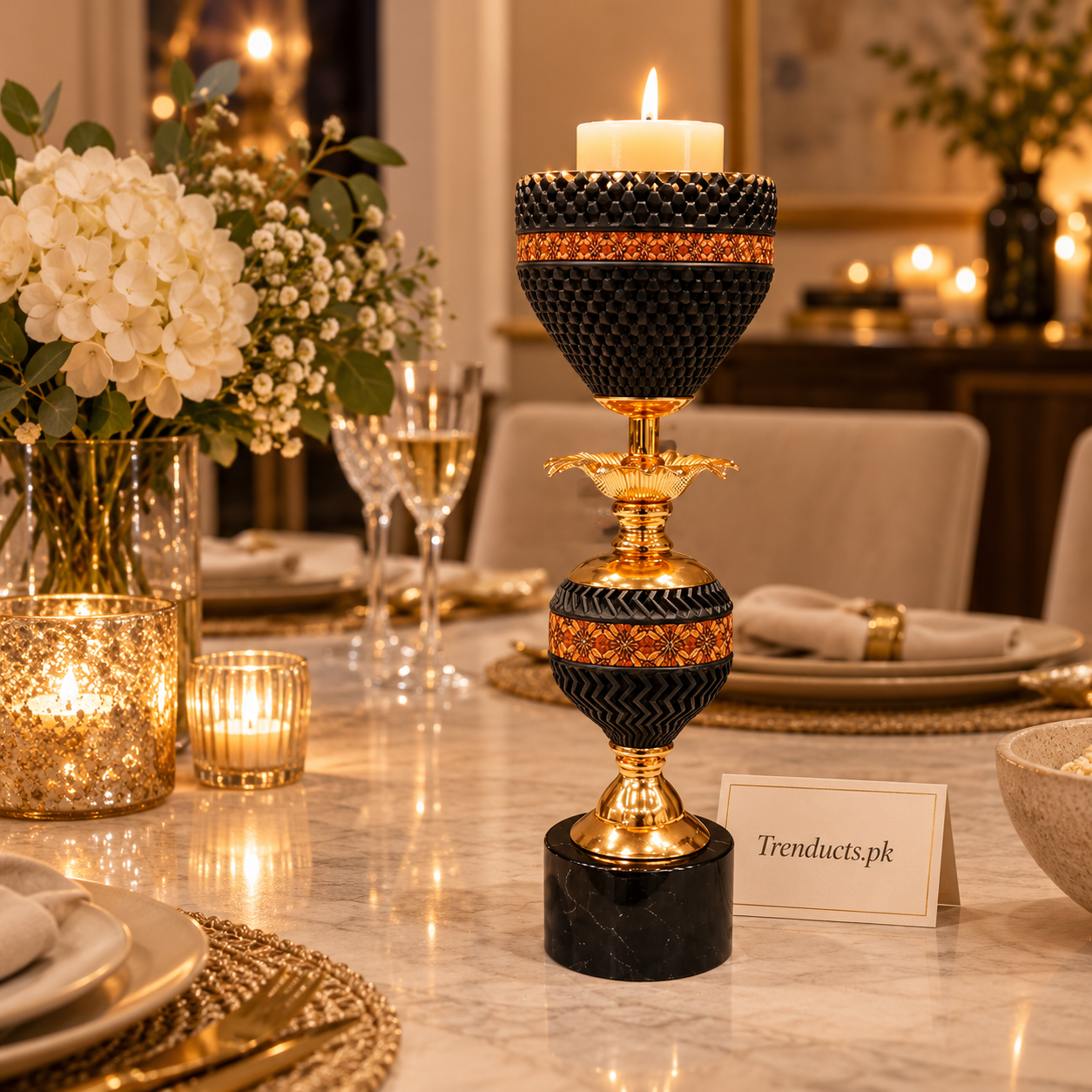 Black & Amber Beaded Luxury Candle Stand