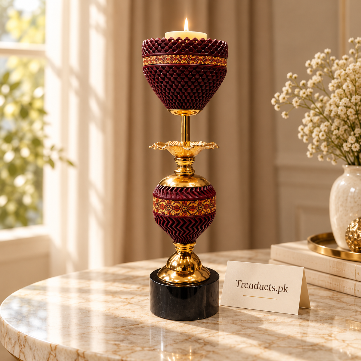 Burgundy & Gold Beaded Luxury Candle Stand