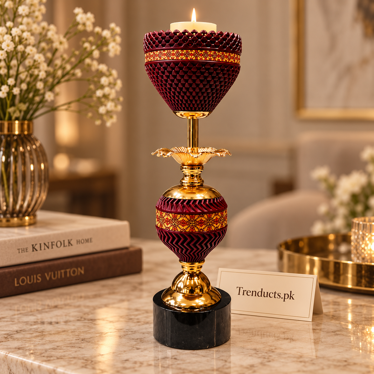 Burgundy & Gold Beaded Luxury Candle Stand