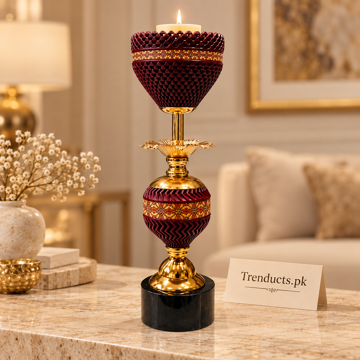 Burgundy & Gold Beaded Luxury Candle Stand