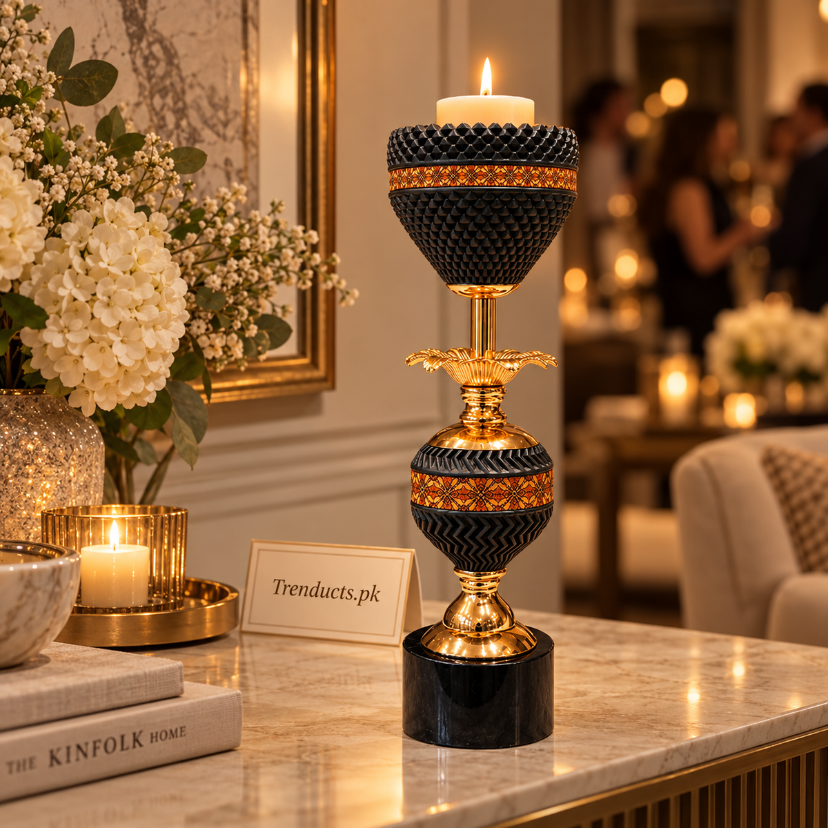 Black & Gold Double-Band Luxury Candle Stand